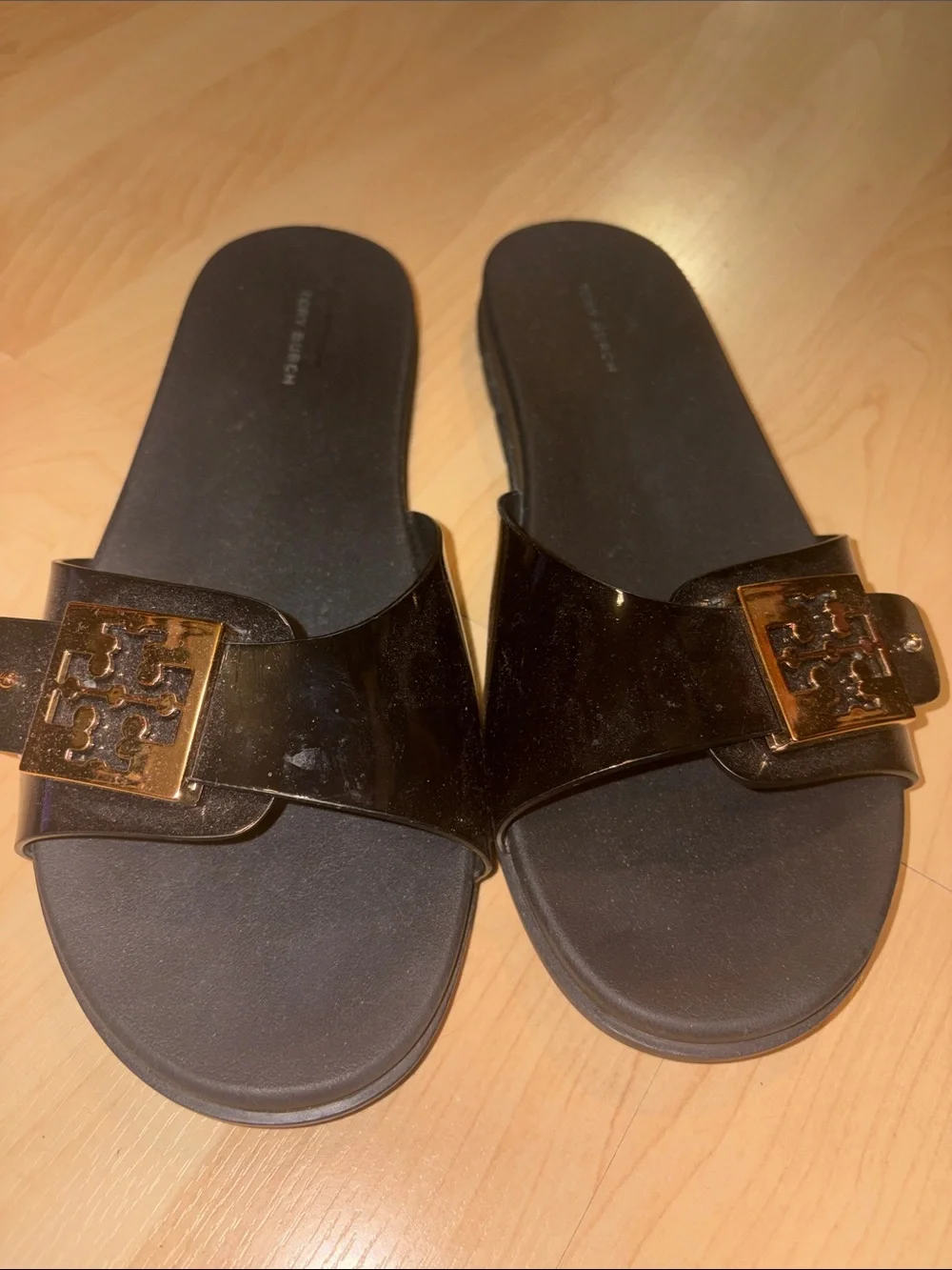 Tory Burch Black Patent Slide Sandals with Gold Logo Buckle 9